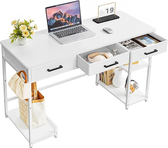 Shahoo Computer Desk with Drawers & Storage Shelves, 48" Modern Writing Table for Home Office, All White