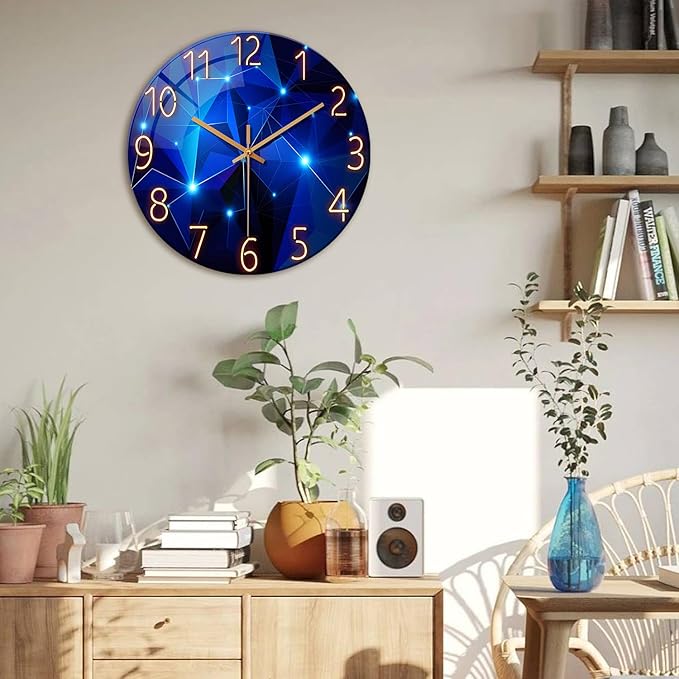 Blue Wall Clock for Living Room Decor Kitchen Wall Clocks Battery Operated 12 Inch Round Glass Decorative Wall Clock Non Ticking