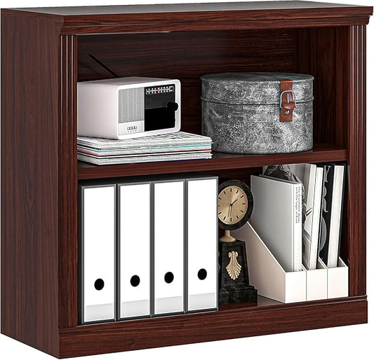 2-Tier Bookshelf Basic Book Case, Wooden Storage Shelves Rustic Floor Standing Bookshelves, D:12.8" x W: 29.5" x H: 28.2", Sturdy Display Cabinet for Living Room, Library, Office, Cherry