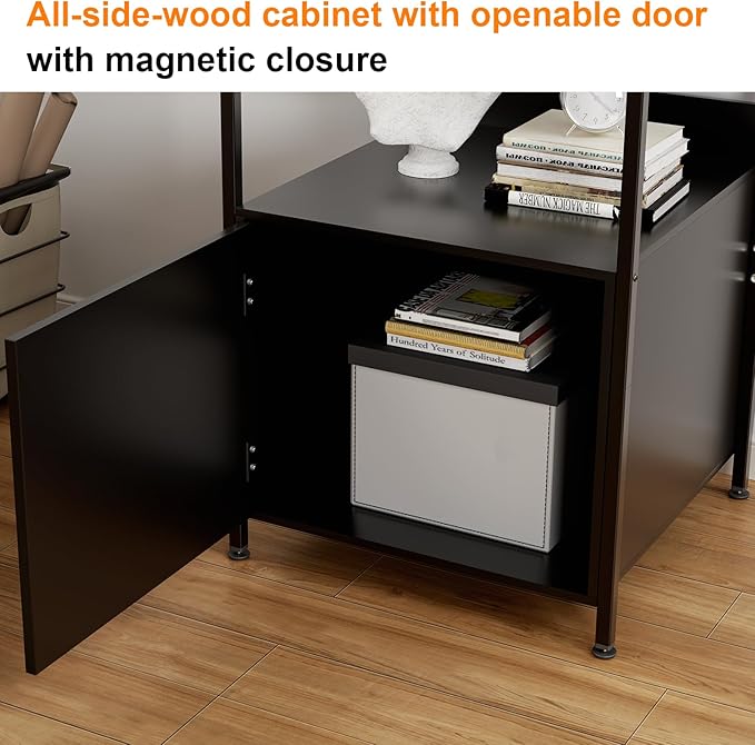 5-Tier Book Shelf with Storage Cabinet, Freestanding Bookcase, Industrial Book Organizer Shelf for Living Room, Bedroom, Home Office, Rustic Brown Wood and Metal Design (Black, 5-Tier)