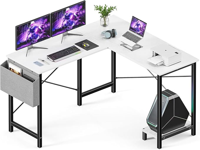 Sweetcrispy L Shaped Desk - Computer Desk Corner Desks Gaming Desk PC Table with CPU Stand Side Bag for Home Office Dorm Sturdy Writing Workstation, White, 50-Inch