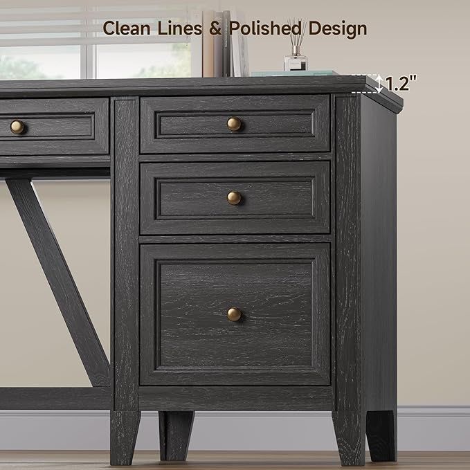 ONBRILL 54 Inch Farmhouse Executive Desk, Computer Desk with Storage Drawers & File Drawer, Modern Home Office Desk with Charging Station for Working, Studying, Writing, Brown (Black)