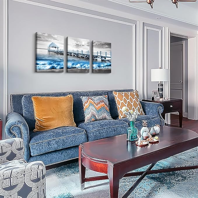 Canvas Wall Art - Modern Decor for Living Room & Bedroom - Black & White Beach Scene - Framed Posters (3 Piece Set)