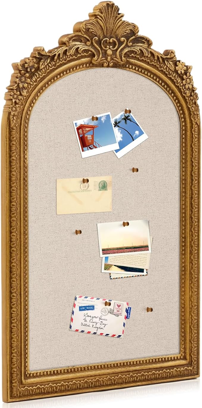 Vintage Framed Pin Board Linen Display Bulletin Board Large Cork Fabric Picture Photo Pinboard Memo Ornate Decorative Pinboard Ornate for Wall Gift(Arch,20'' X 30'',Classic Gold)
