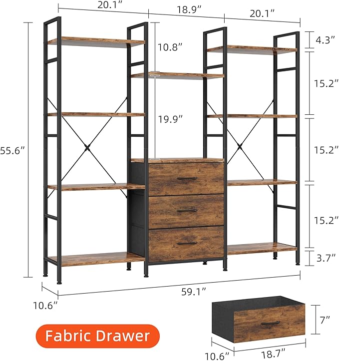 Triple Bookshelf with 3 Fabric Drawers, 4-Tier Book Shelf and 10 Display Shelves, Industrial Large Bookcase for Home & Office, Rustic Brown, 59'' Wide