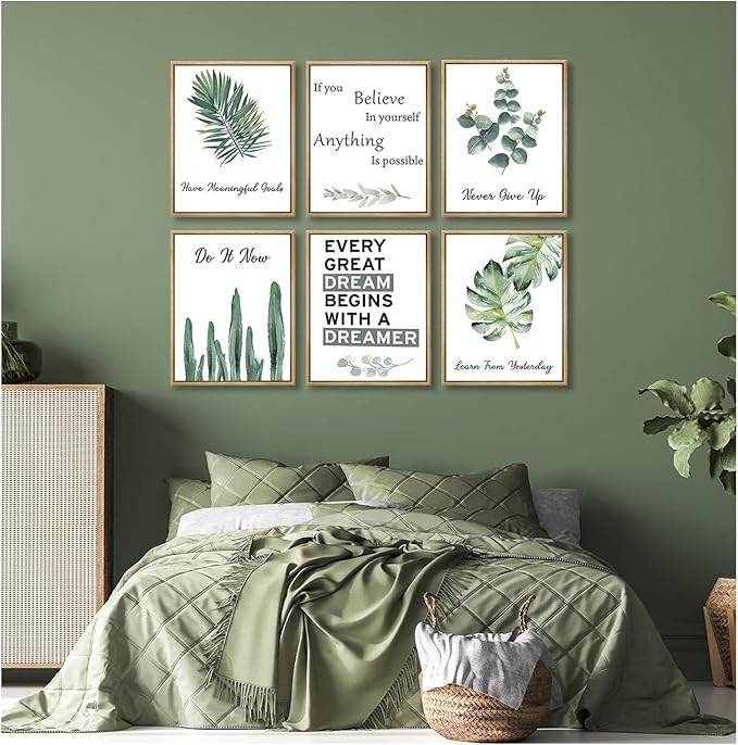 6pcsOffice Inspirational Botanical Canvas Wall Art Eucalyptus Leaves Sage Motivational Quotes Painting Picture Wall Decor Never Give Up Poster Print Artwork For Classroom Bedroom Home Decoration