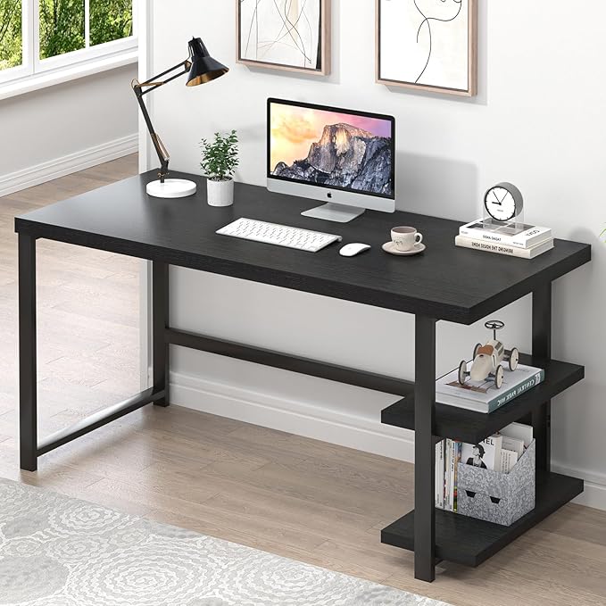 EXCEFUR Black Desk, Modern Computer Desk for Home Office, Metal Wood Writing Study Table Workstation with Storage Shelf for Living Room, Bedroom, 53 Inch