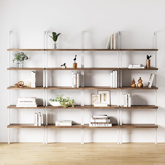 Nathan James Theo 5-Shelf Wood Modern Bookcase, Open Wall Mount Ladder Bookshelf with Industrial Metal Frame, Natural Light Brown/White, Set of 4