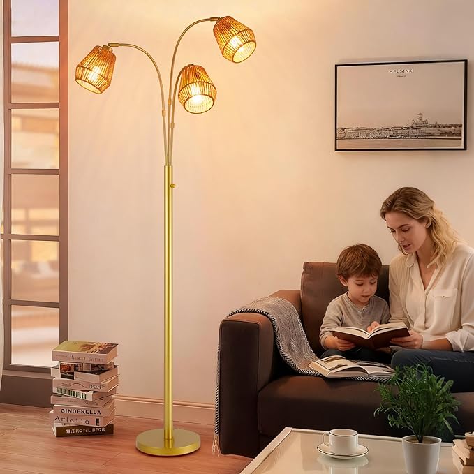 9MMML Vintage Gold Arc Floor Lamp with Rotatable Arms & Rattan Lampshade, 3-Light Mode Rotary Switch Adjustable, 72.5'' Tall Standing Lamp for Living Room, Bedroom, E26 Base