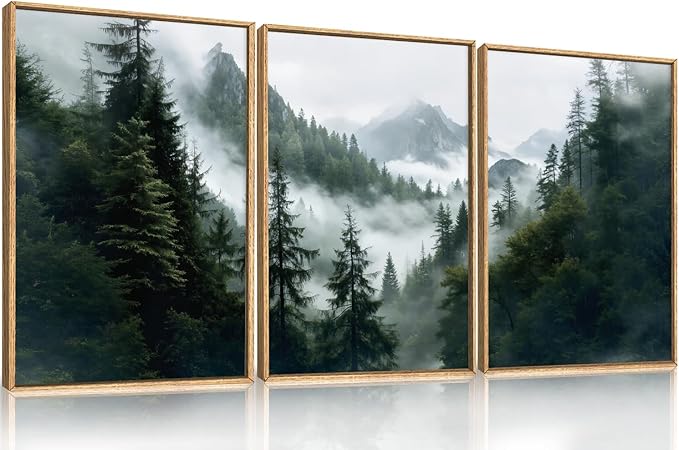HOURIA Boho Forest Mountain Framed Canvas Wall Art Set,Nature Foggy Woodland Ridge Wall Decor,Misty Pine Tree Artwork,Sage Green Botanical Art Prints for Living Room, Bedroom, Farmhouse-16 x24 x3