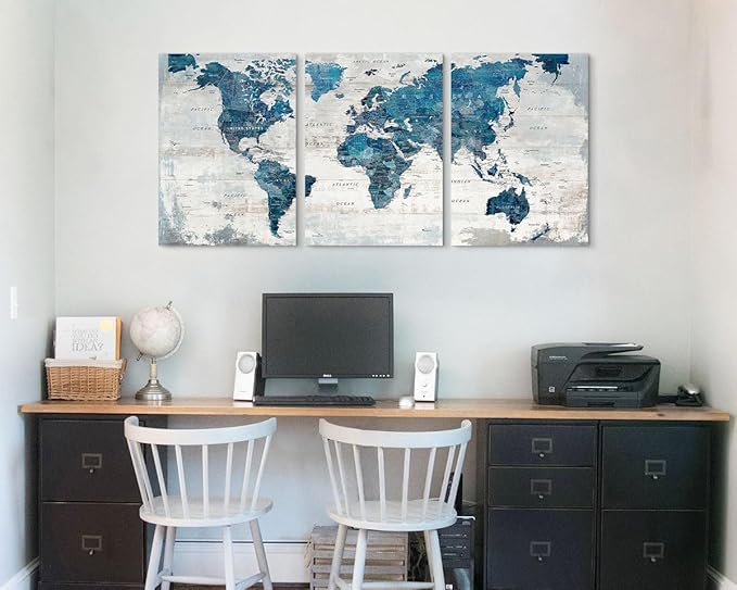 GIFTTWART World Map Office Wall Art Canvas for Living Room Wall Pictures Blue Large Artwork Modern Bedroom Kitchen Dining Room Home Decor