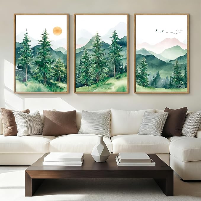 ANHUIB Extra Large Forest Wall Art Green Mountain Wall Decor Set of 3 for Living Room Bedroom Dining Room 24x36 Inch