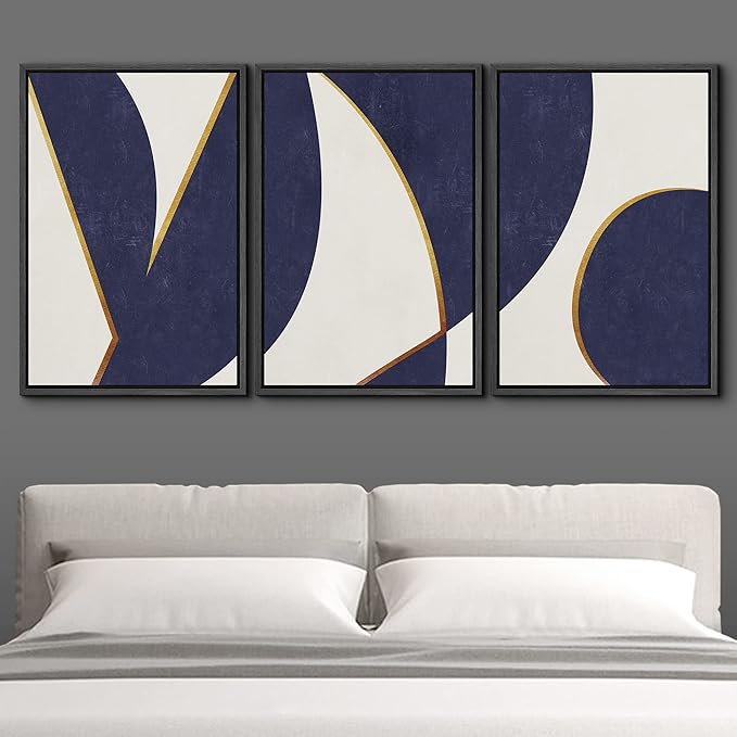 IDEA4WALL Framed Canvas Print Wall Art Set Art Deco Mid-Century Blue Gold Polygons Abstract Shapes Illustrations Modern Art Decorative Contemporary for Living Room, Bedroom, Office - 16"x24"x3 Black