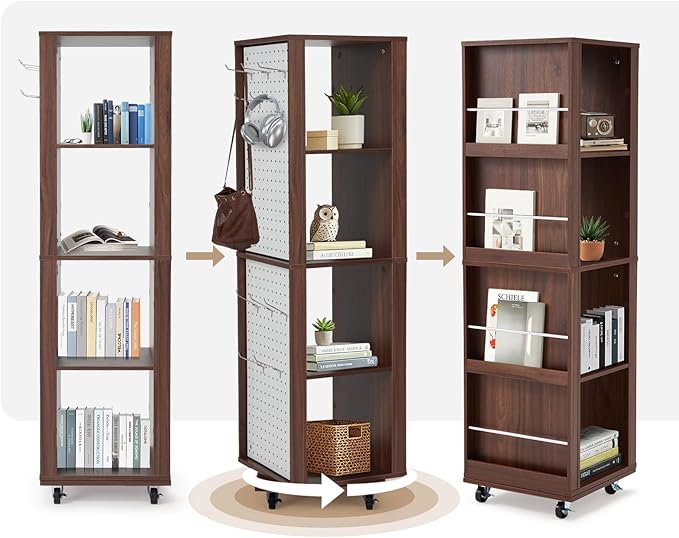 JOMEED Rotating Bookshelf Tower with Wheels, 4-Tier Corner Bookshelf with Pegboard, 360° Spinning Book Shelf Tower with Magazine Rack, Tall Bookcase, Narrow Bookcase