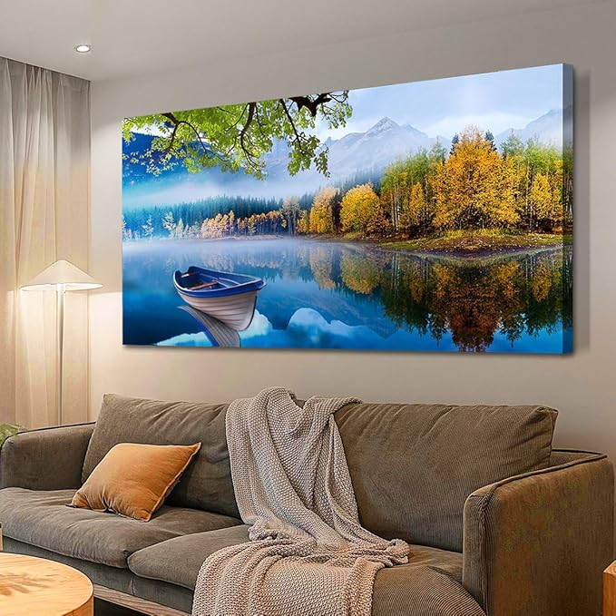 Arjun Landscape Wall Art for Living Room Lake Canvas Blue Picture Bedroom, Nature Boat Artwork Modern Nature Painting Framed Large Home Office Dining Room Wall Decor, Extra Large 58"x29"