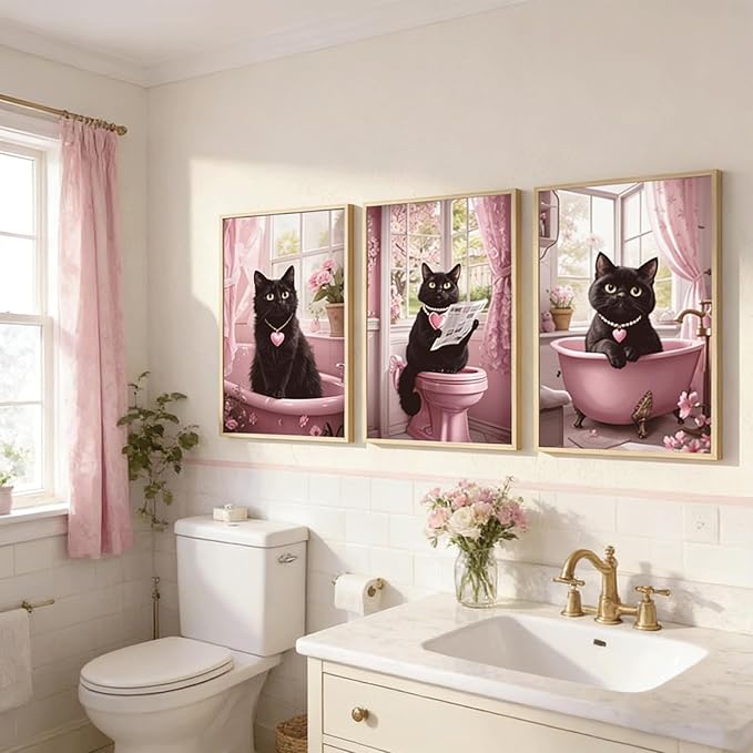 3Pcs Funny Black Cat Bathroom Wall Art Cute Pets Cat Reading Newspaper On The Toilet Painting Pictures Wall Decor Pink Animal Posters Prints for Bathroom Toilet Decorations 12x16 Inch Unframed