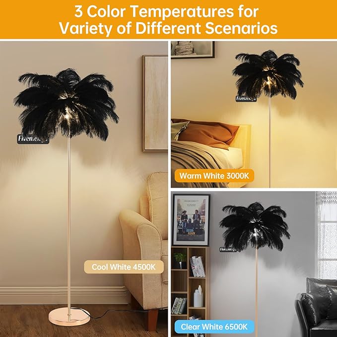 Feather Floor Lamp for Living Room, Fluffy Ostrich Feathers Lamp, Rose Gold Color Body, 3 Color Temperatures Modern Funky Arc Tall Standing Lamp for Bedroom Inclued Bright LED Bulbs (Black)