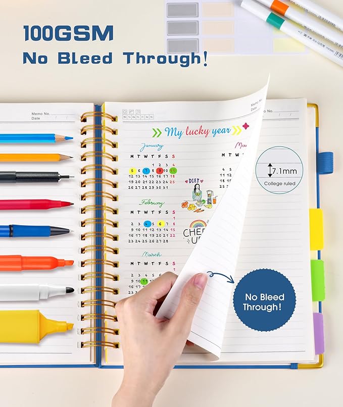 Hardcover Spiral Notebook 8.5"x11" Journal with Removable Dividers Tabs, 300 Pages Leather 5 Subject Notebook College Ruled, Large Notebooks for Work School, Lined Journal for Women, A4 Light Blue