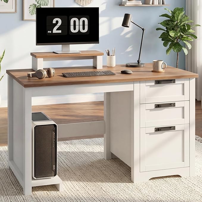 Farmhouse 47.2” Computer Desk with Adjustable File Drawer, 3 Drawers Reversible Executive Desk with PC Case Stand & Movable Monitor Stand , Workstation for Home Office, Study, Writing,(Unique White)