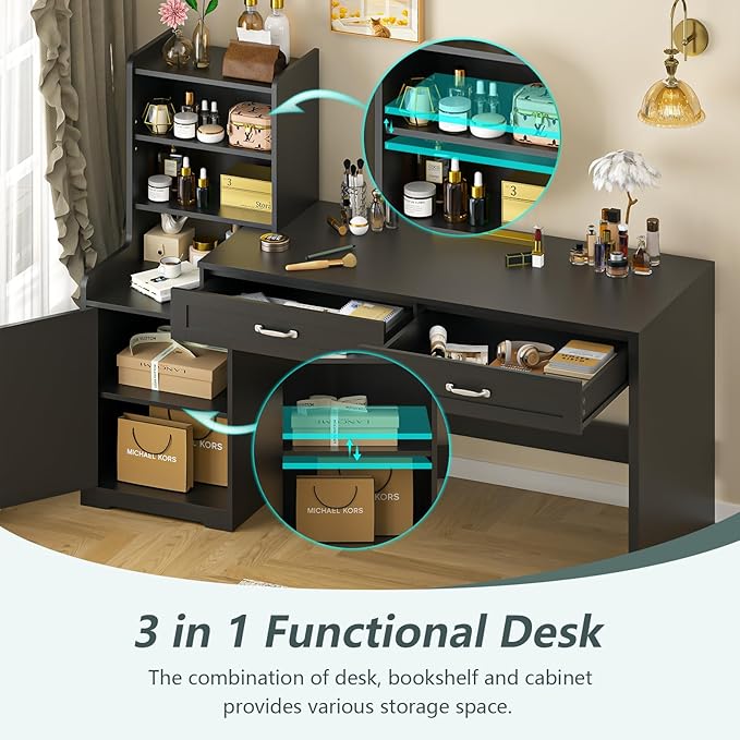 60" Computer Desk with 2 Drawer & Bookshelves, Home Office Desk with Storage Cabinet & Spacious Desktop, Writing Gaming Study Table with Bookcase, Black