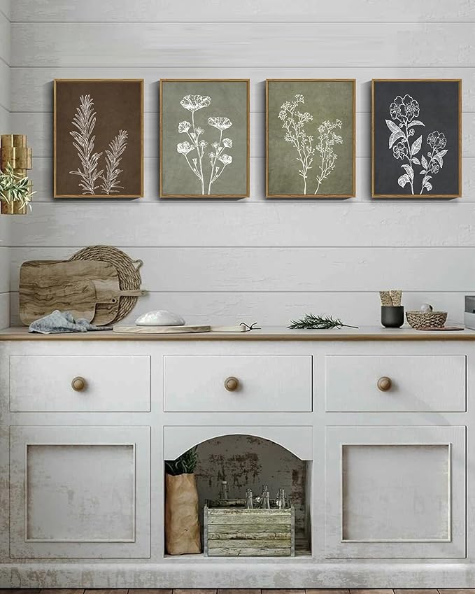 Drsoum Botanical Wall Art Framed Boho Wall Art Decor Wooded Vintage Print Modern Farmhouse Home Kitchen Decor 11x14inx4pcs