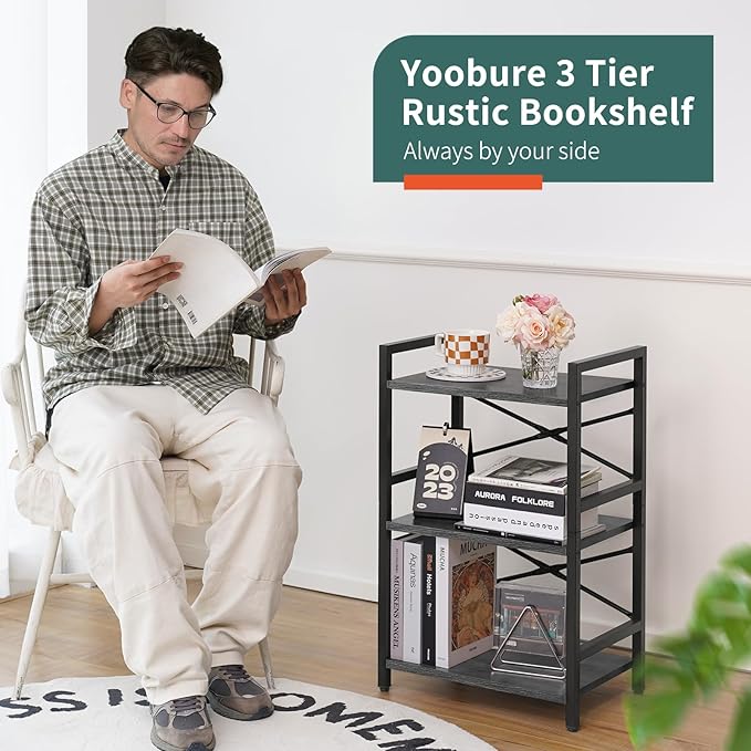 Yoobure Bookshelf Small Book Shelf, Solid Industrial 3 Tier Shelf Bookcase, Short Book Case for Bedroom, Living Room, Office Home, Small Spaces, Easy Assembly Charcoal Gray