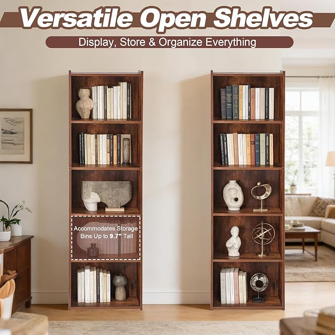 5-Tier Narrow Bookcase for Small Spaces, Freestanding Bookshelf Organizer with Open Shelves for Home Office, Bedroom, Apartment, Kids Room, Storage for Books, Toys and Bins, Rustic Brown