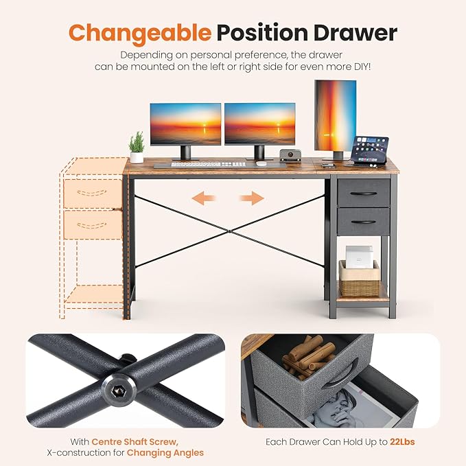 Sweetcrispy 47 Inch Computer Desk with Drawers for Home Office, Writing Desk with X-Shaped Reinforcement, Wood Table with Adjustable Position Drawers, Modern Study Work Table with Side Hook, Rust