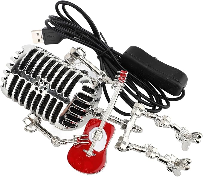 ZJchao Vintage Microphone Guitar Robot Table Lamp Aluminum Retro Metal Robot Night Light for Bedroom Desk Home Decor (Red)
