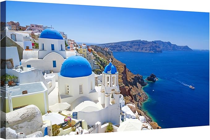 OKEXCKK Large Canvas Print Wall Art Santorini in Greece Painting Wall Decor, Blue Coastal Landscape Coastal Artwork Seascape Pictures for Living Room, Bedroom, Office Decoration - 29"x58"