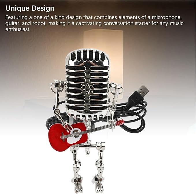 ZJchao Vintage Microphone Guitar Robot Table Lamp Aluminum Retro Metal Robot Night Light for Bedroom Desk Home Decor (Red)