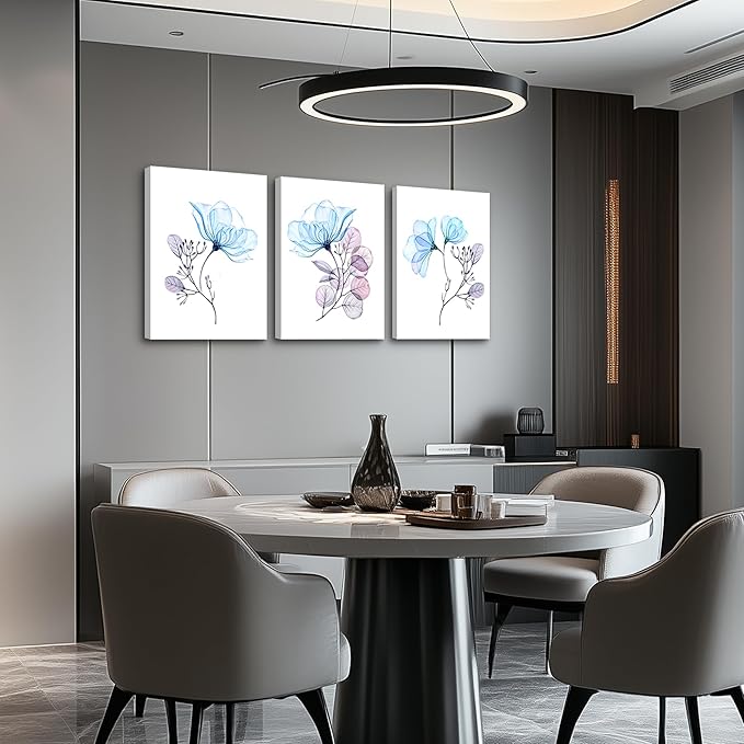 3 Piece Modern Blue Flowers Canvas Wall Art for Bedroom Living Room decor,Bathroom Wall Decor,3 Panels framed Wall Watercolor Painting Kitchen Home Decoration Canvas Print Artwork Wall Mural