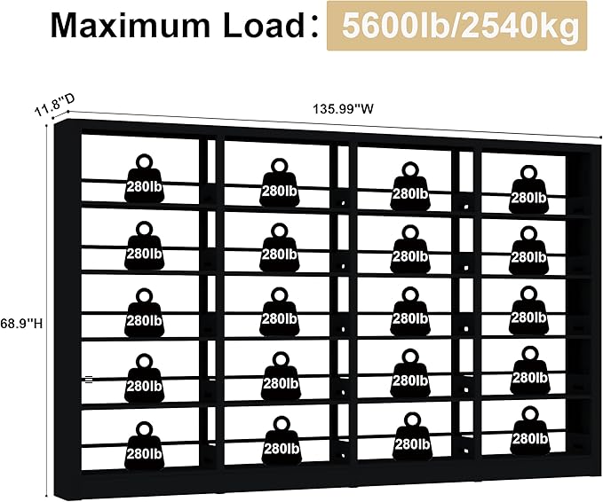 5-Tier Industrial Bookshelf, White Bookcases and Bookshelves,Tall Metal Book Shelf Storage Organizer,Freestanding Bookshelf for Living Room,Home Office (Black, Shelf-4)