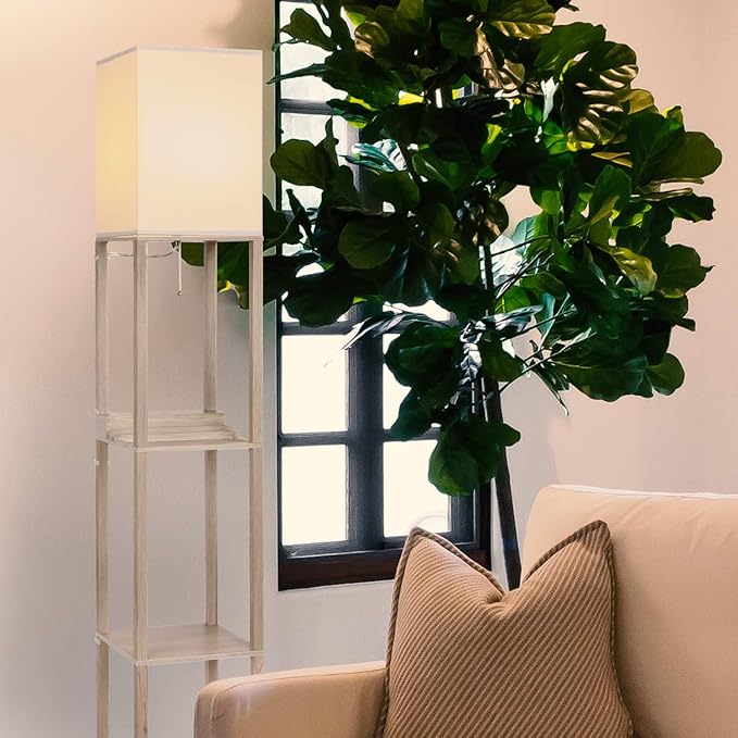 Brightech Maxwell Charger - Modern Shelf Floor Lamp with USB Charging Ports & Electric Outlet - Corner Display Floor Lamps with Shelves for Living Room, Bedroom and Office - Rustic Wood