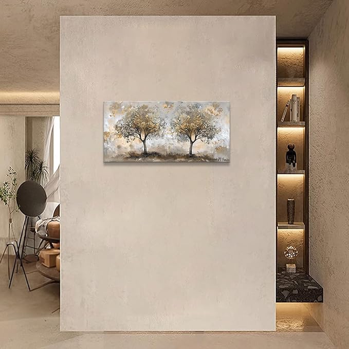 Landscape Gold Tree Wall Art - Autumn Golden Forest Canvas Painting - Bedroom & Living Room Decor