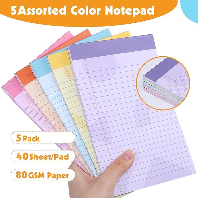 Thboxes 5 Pack Note Pad 5x8, 200 Sheets Colored Notepad Perforated Small Notepad College Ruled Writing Pad for To-Do Lists Grocery List Shopping List, 40 Sheets(Purple, Pink, Blue, Yellow, Orange)