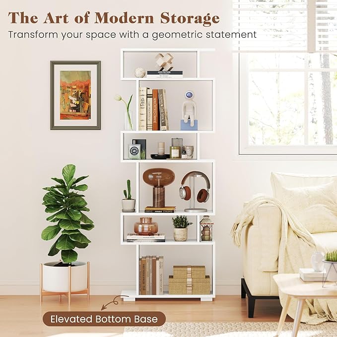 Giantex 6-Tier Geometric Bookshelf, S-Shaped Bookcase with 2 Anti-Tipping Kits, Wooden Display Shelf, Decorative Storage Shelving Unit, Home Storage Organizer for Office Living Room (1,White)