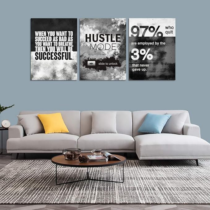 Motivational Office Wall Decor, Inspirational Canvas Wall Art, 3 Pieces Hustle Posters Prints Entrepreneur Success Quote Wall Decor for Lobby Meeting Room Hallway Living Room(72”Wx36”H)