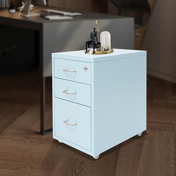 3-Drawer Vertical File Cabinet, 11*16*18.3in Rolling File Cabinet, Mobile Organizer Storage Cabinet with Lock, Office Filing Storage Cabinet Under Desk fits A4 Size, for Home Office (Blue)