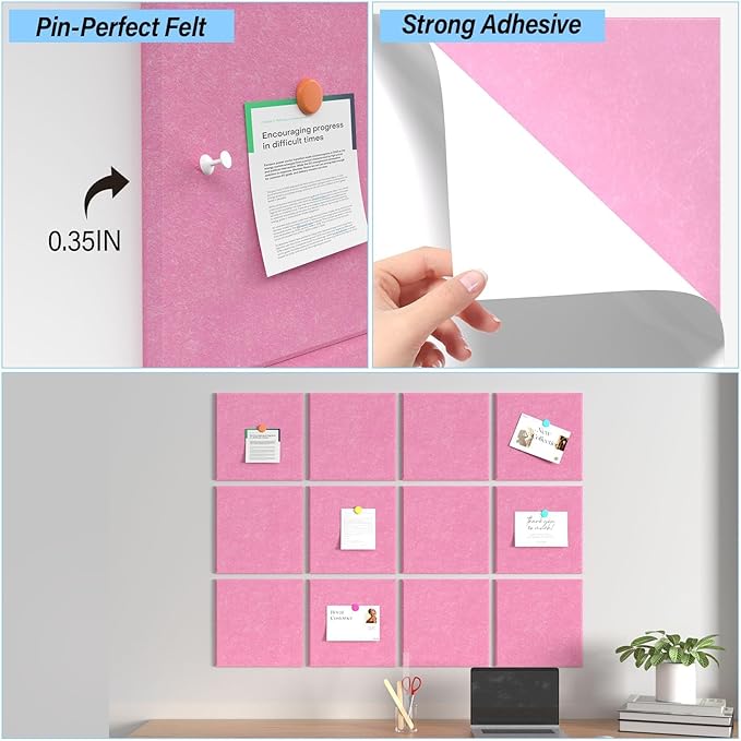 Large Cork Boards for Walls – 36" x 24" Self Adhesive Felt Wall Tiles, Ideal for Office Black Bulletin Board, Easy to Install Pin Board Photo Board