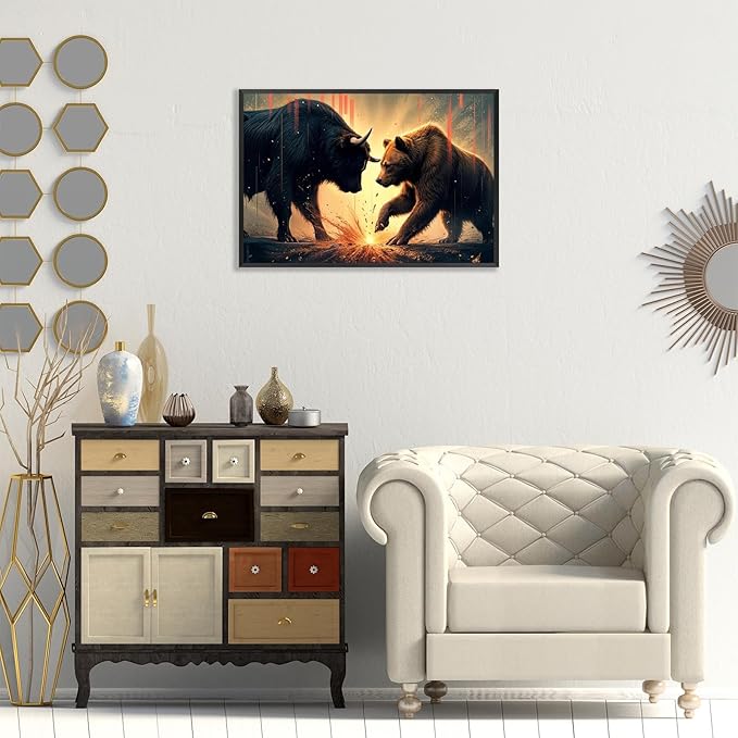 Trendy Bull And Bear Confrontation Wall Art Funny Bull And Bear Stock Market Canvas Posters Funny Animal Prints Painting For Office Living Room Wall Decor 12x16in Framed