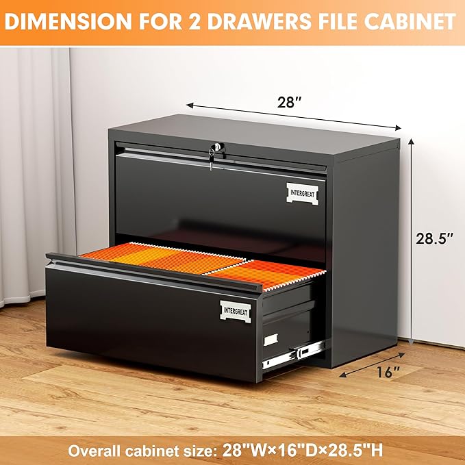 INTERGREAT 2 Drawer Lateral File Cabinet, Black Filing Cabinet with Lock, 28" W Steel Filing Storage Drawers with Name Tag, Horizontal File Cabinet for Home Office, Letter/Legal/F4/A4