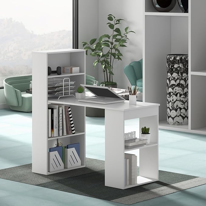 Giantex 48 Inch Computer Desk with Bookshelf, 3-in-1 Home Office Desk with 4-Tier Bookcase & CPU Stand, Space-Saving Reversible Writing Desk Work Table for Bedroom, Study Room, Office (White)