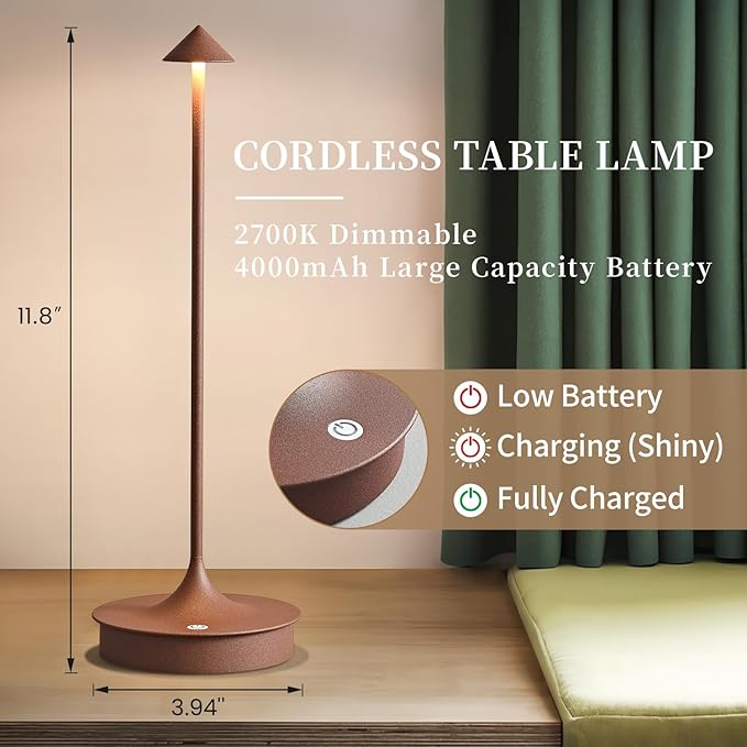 Cordless Table Lamp Rechargeable LED Battery Operated 4000mAh Table Lamp Touch Dimmable Lamp Outdoor Waterproof Portable Wireless Table Light for Dining Restaurant Bar Indoor/Outdoor Use (Brown-1PC)
