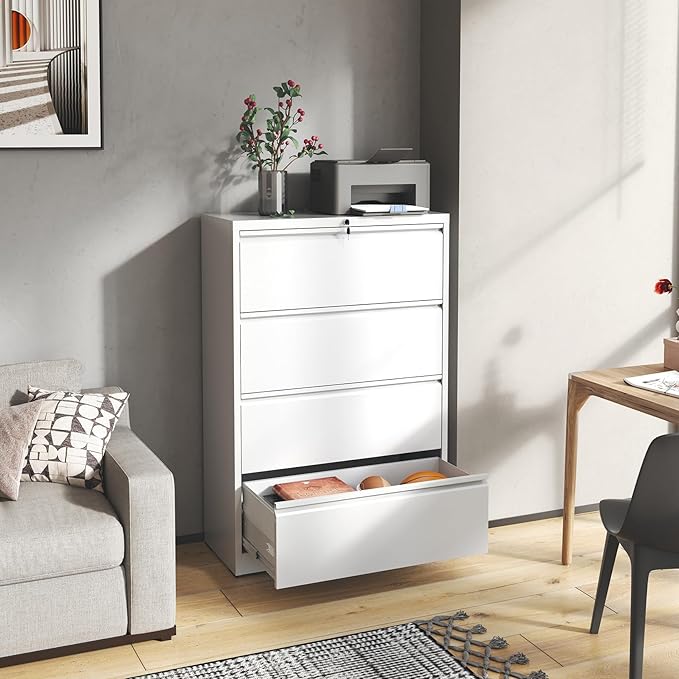 Metal Lateral File Cabinets with Lock,4 Drawer Filing Cabinets for Home Office,Storage Cabinets for Hanging Files Letter/Legal/F4/A4 (White)