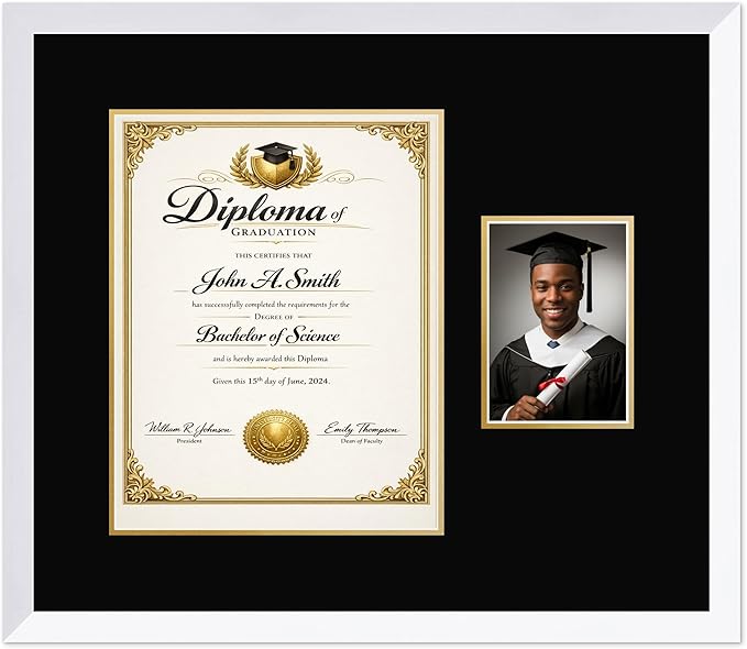 CountryArtHouse Fits 11 x 14 College Diploma (Portrait) and 5 x 7 Photo Diploma and Photo Frame Bright White Genuine Hardwood with Black Over Metallic Gold Double mat