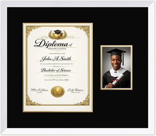 CountryArtHouse Fits 11 x 14 College Diploma (Portrait) and 5 x 7 Photo Diploma and Photo Frame Bright White Genuine Hardwood with Black Over Metallic Gold Double mat
