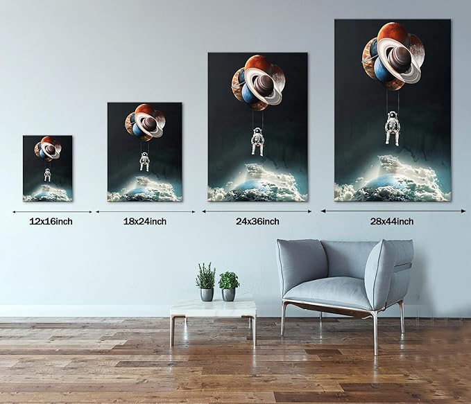 Universe Theme Canvas Wall Print Art Astronaut Holding Planetary Balloon Canvas Wall Framed Artwork Modern Home Decor Giclee Art Space Canvas Prints and Painting Ready to Hang - 44x28 inch
