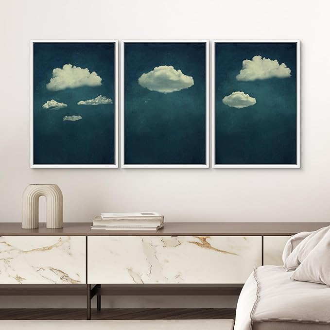 SIGNWIN 3 Piece Framed Canvas Wall Art A Series of White Clouds in The Blue Sky Nature Wilderness Illustrations Abstract Traditional Home Artwork Decoration for Living Room,Bedroom - 24"x36"x3 White