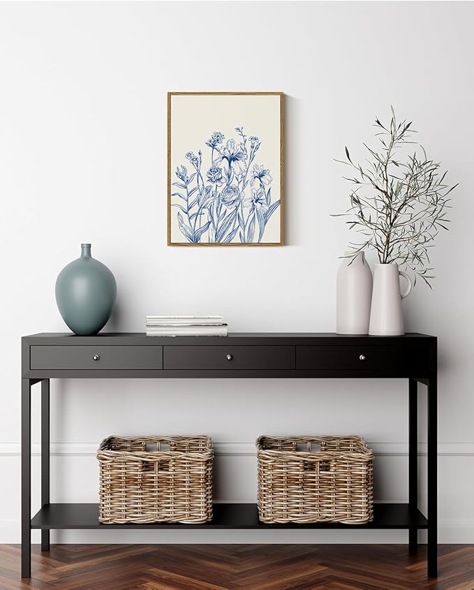 ARPEOTCY Vintage Framed Canvas Wall Art, 12x16 Inch Blue Botanical Flower Wall Art, Minimalist Line Drawing Floral Print, Nature Canvas Picture for Living Room, Bedroom, or Bathroom Decor